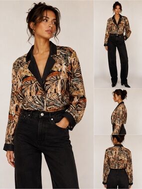 Vintage 90’s Regal Tropical Print Cropped Jacket - Black, Tan & Rust